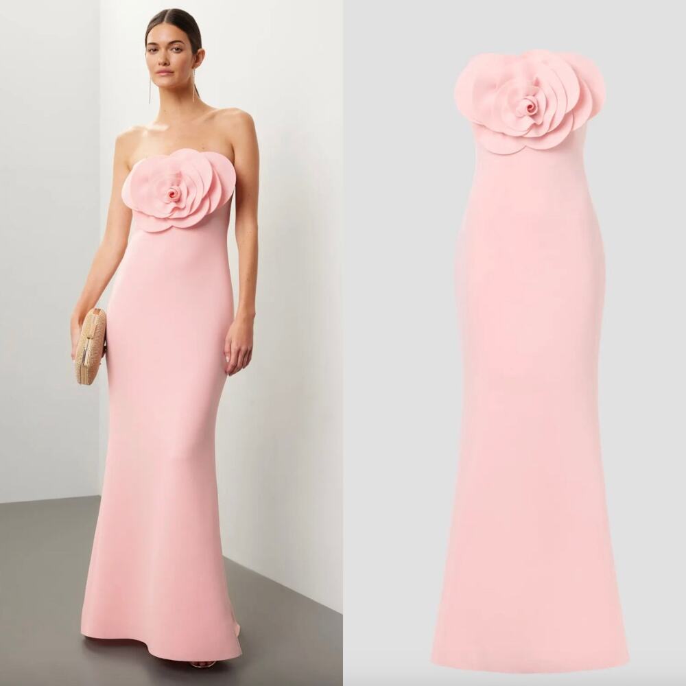 Badgley Mischka Strapless Pink Maxi Dress with Floral Applique